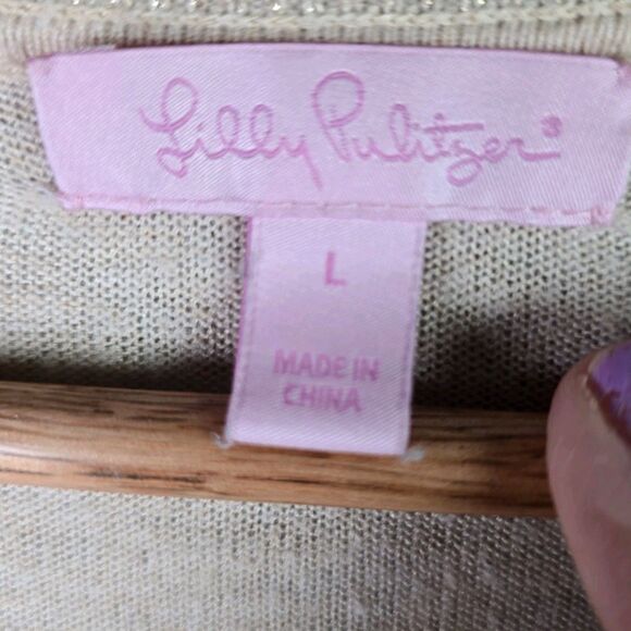 Lilly Pulitzer Gold Metallic Long Cardigan Sweater L V-Neck Logo Button Pocket - Picture 3 of 16